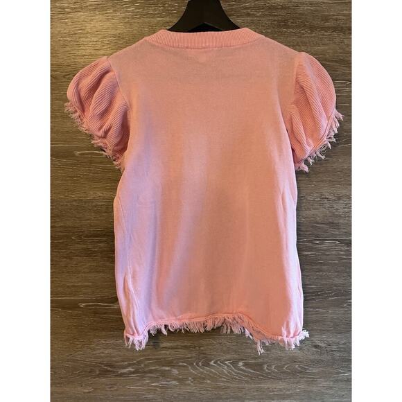 THML Women S Top Tee Shirt Blouse Flutter Raw Hem Sleeve Barbie Pink Preppy Knit - Picture 7 of 7